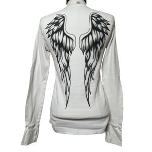 Y2K Grunge White Thermal Angel Wings Graphic Shirt Peace Heart Rhinestone M